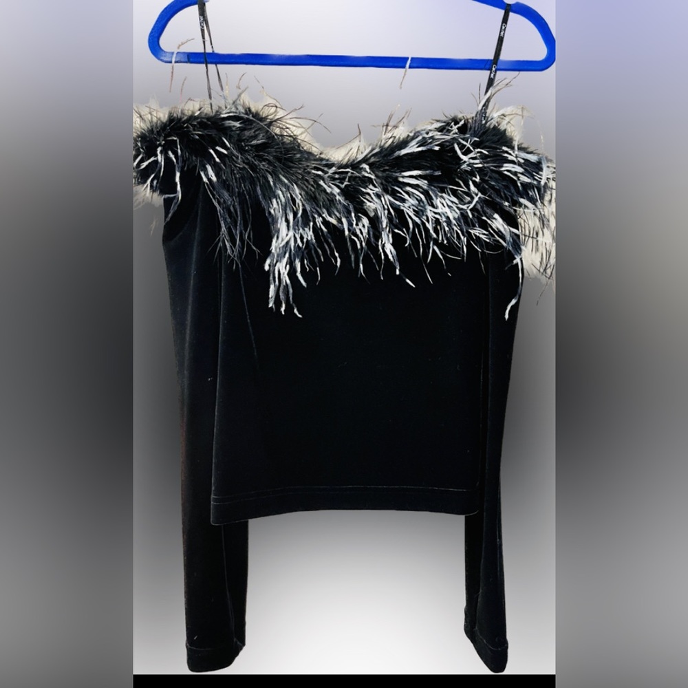 CACHET VINTAGE VELVET OFF THE SHOULDER TOP w/ Ostrich feather accent.